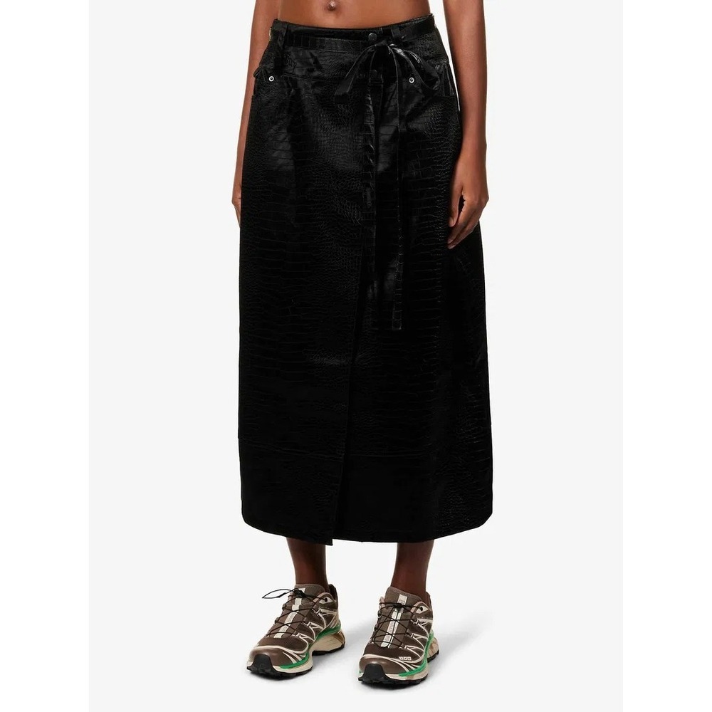 HOUSE OF SUNNY Low Rider Black Croc-Embossed Faux-Leather Midi Skirt Sz 8